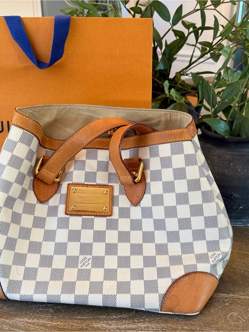 Louis Vuitton Damier Azur Hampstead PM Tote with Tan Leather Trim